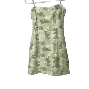 Green Cream Slip Dress – Spaghetti Strap Vintage Scenic Toile Print Sundress